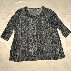 Embellished V-Neck Patterned Women’s Top - Black, Gray, and White